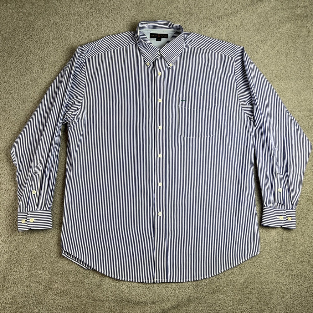 Tommy Hilfiger Golf Shirt Size L Men's Button Down Long Sleeve Blue White Stripe